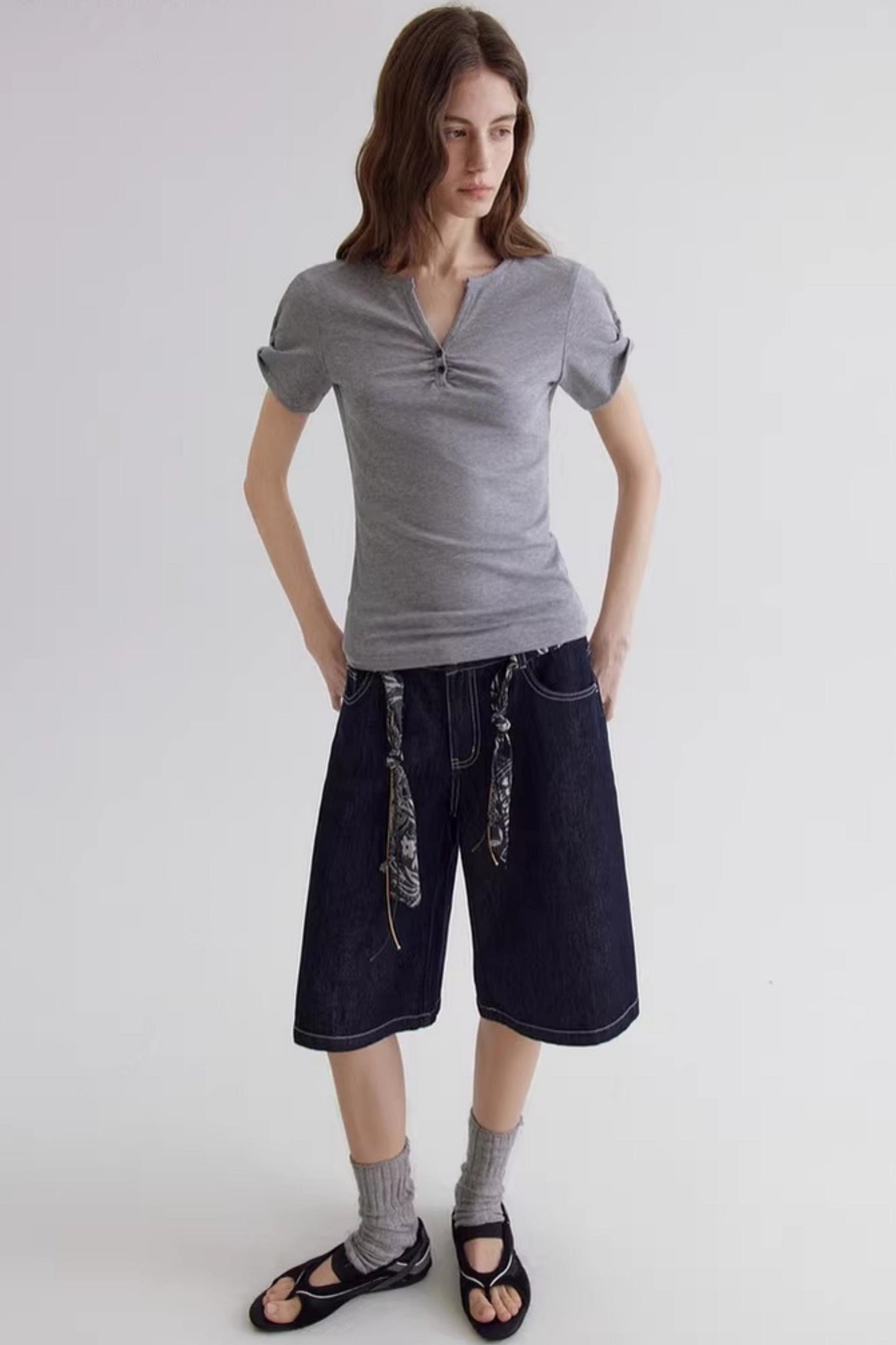 Gray V-Neck Waist-Cinching Top