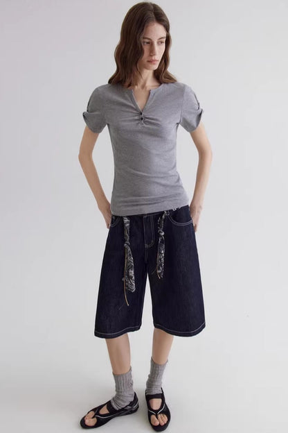 Gray V-Neck Waist-Cinching Top