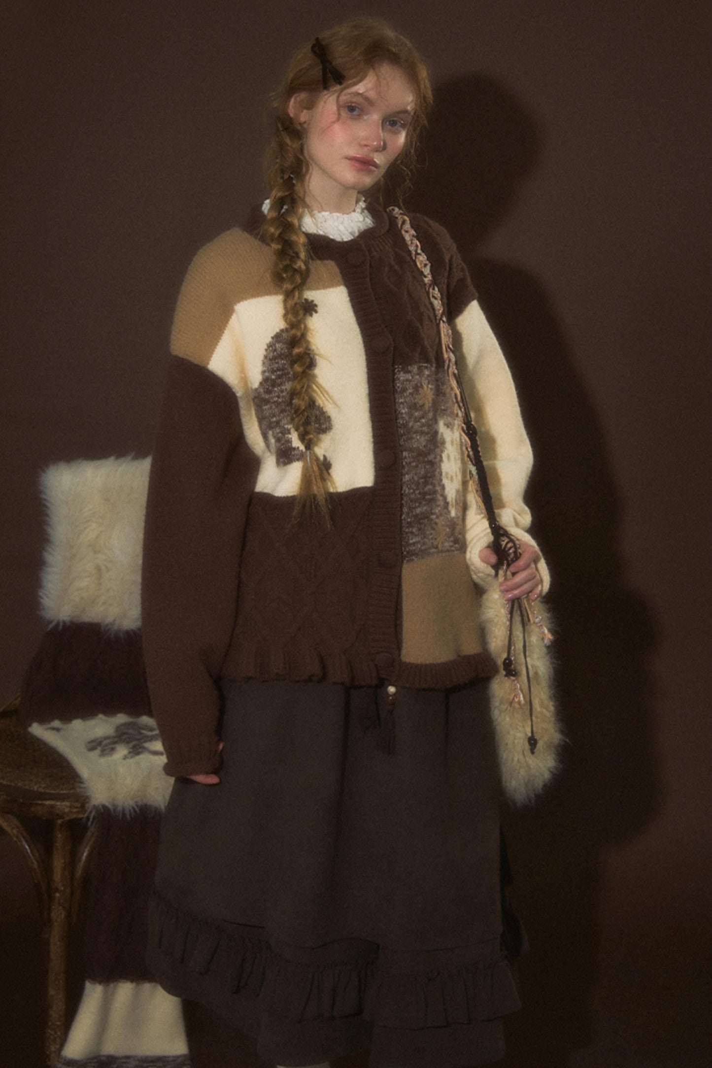 Soft Vintage Crew Neck Cardigan & Scarf Set-Up