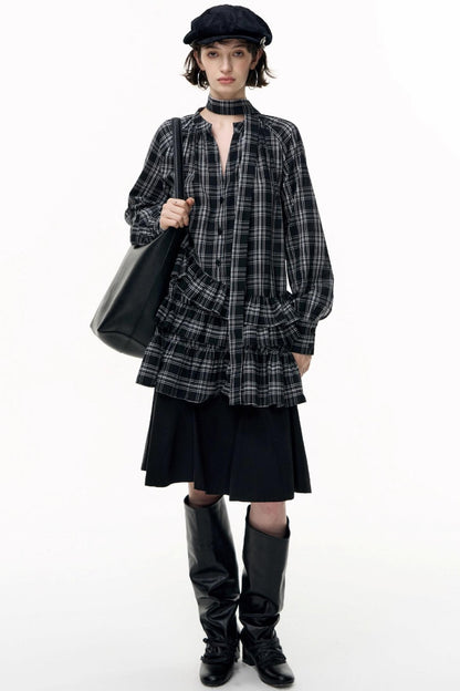 Plaid Ruffle Long Sleeve Shirt Dress