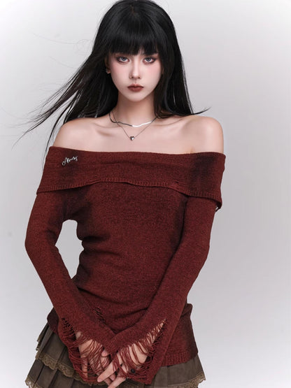 Geistermädchen, Frühherbst, koreanische Atmosphäre, süße und würzige Kleidung, rotes One-Shoulder-Top, High-End-Strickwaren