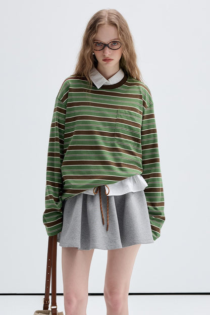 Contrast Stripe Retro Crew Neck Top Set-Up