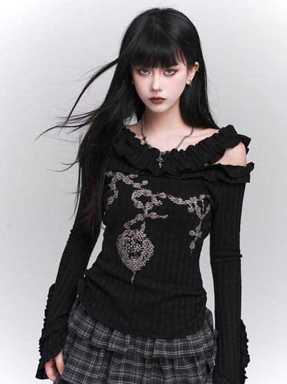 Ghost girl early autumn wear sweet and spicy chic top, black off-the-shoulder knit top, women's long sleeves, beautiful one-shoulder