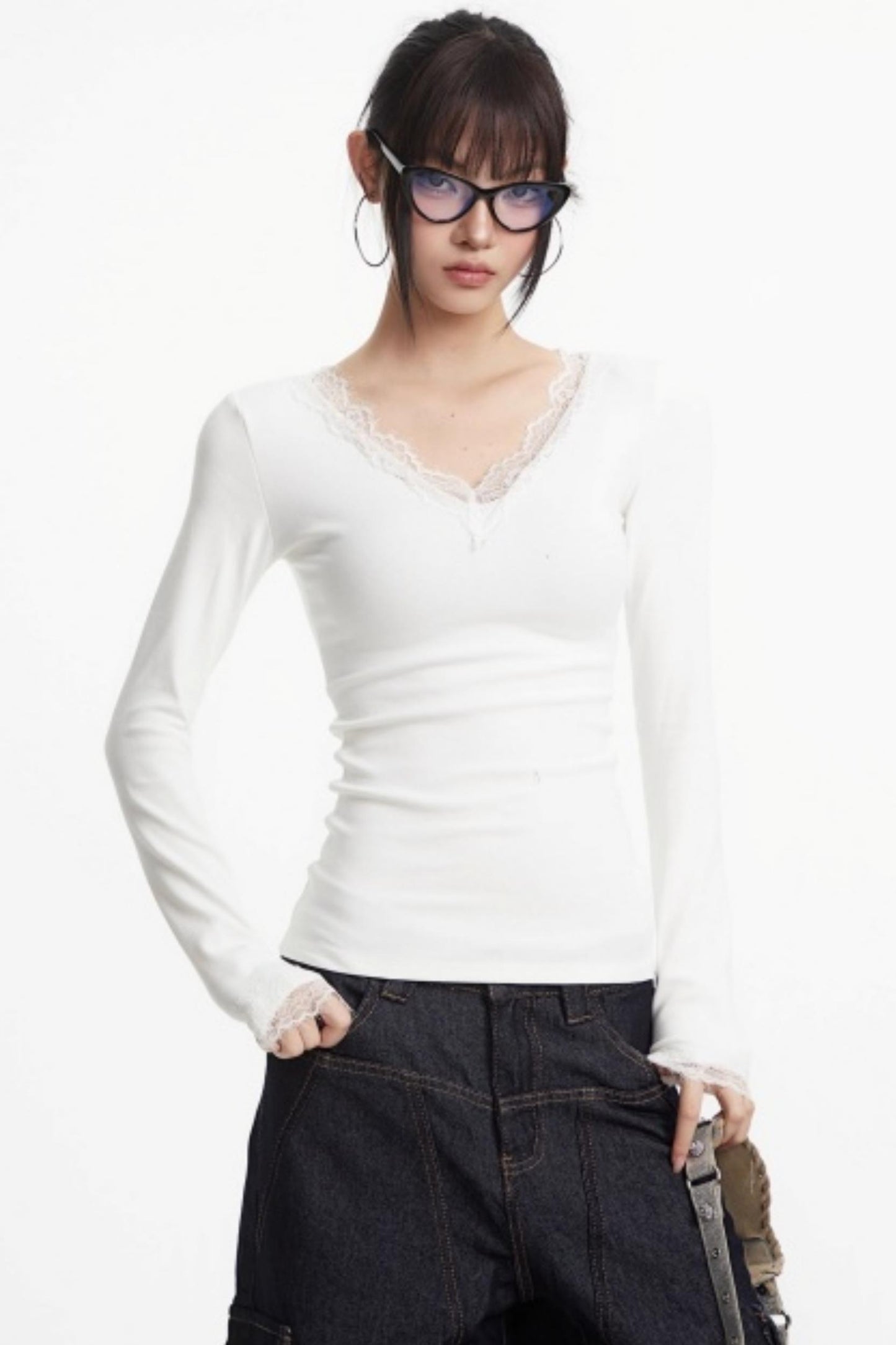White Lace-Trimmed V-Neck Top
