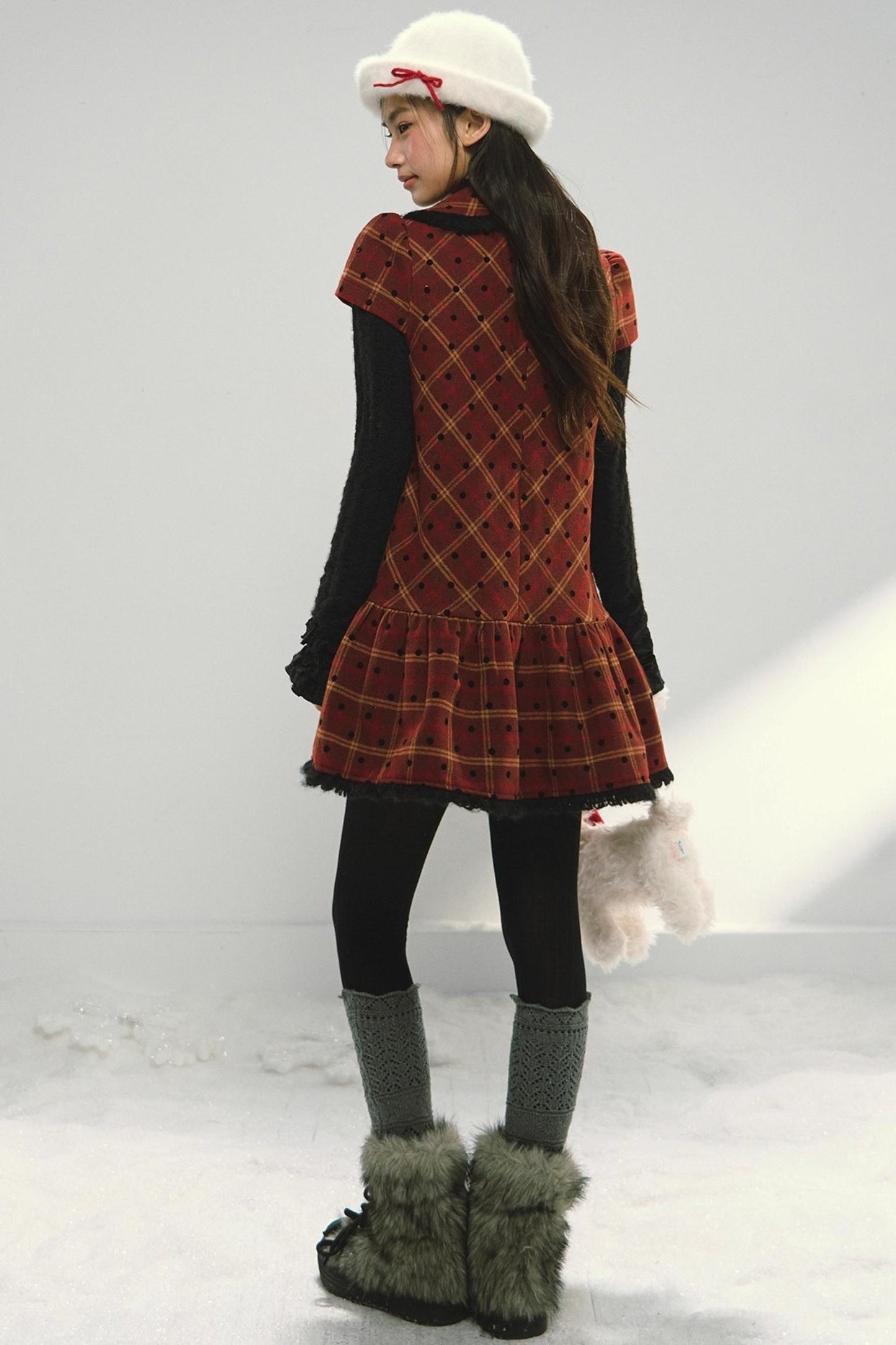 Christmas Doll Collar Tweed Dress Set-Up