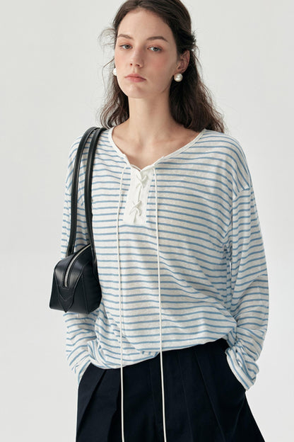 Nautical Blue Striped Tencel Long-Sleeved Smock