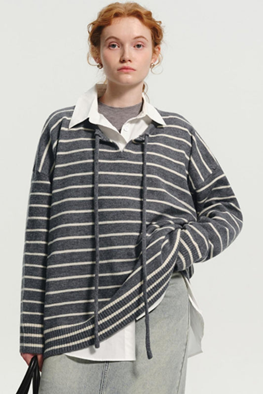 Wool Stripe Drawstring Knit Sweater