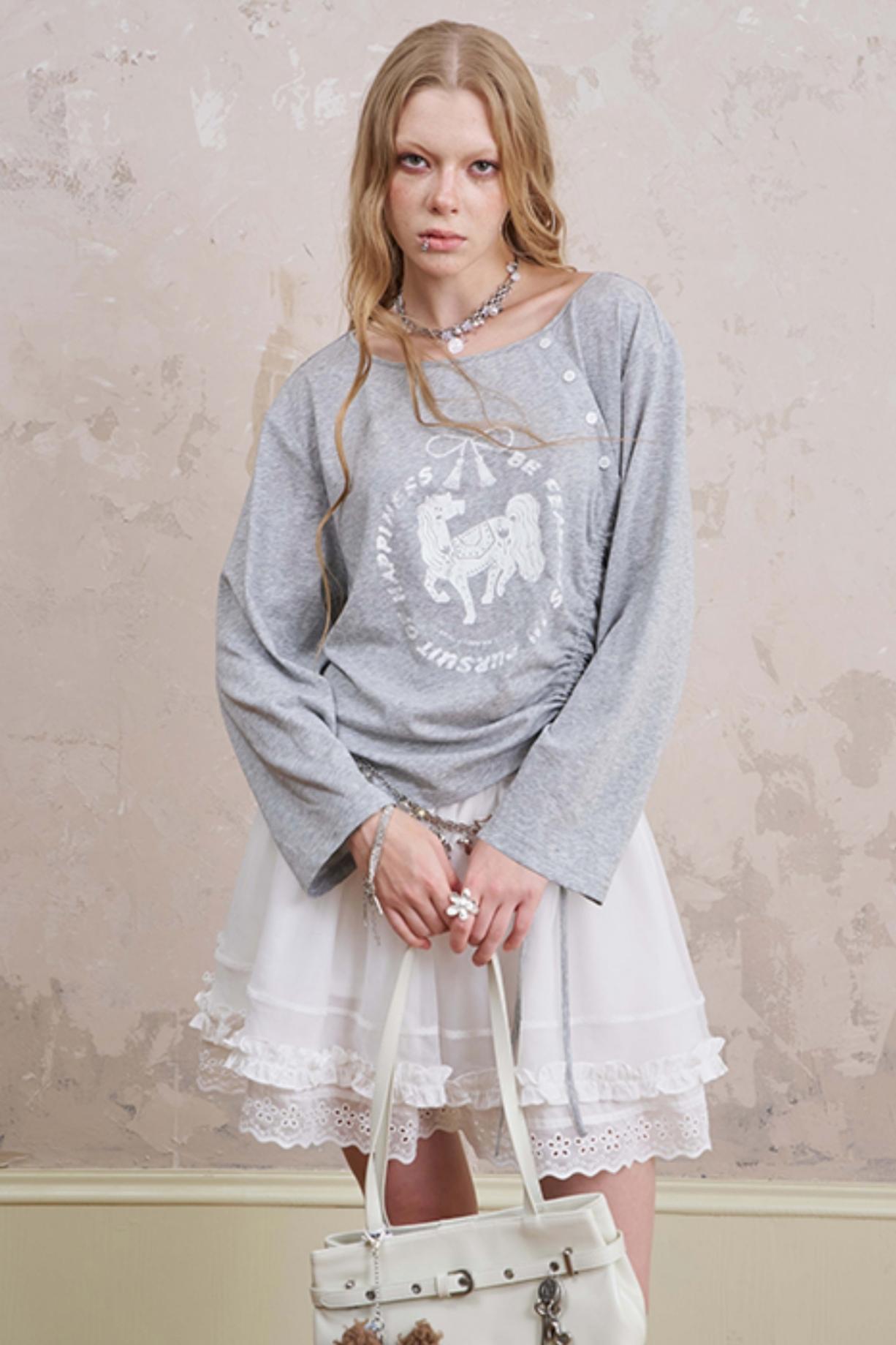 Slanted Monochrome Flower Ruffle T-Shirt