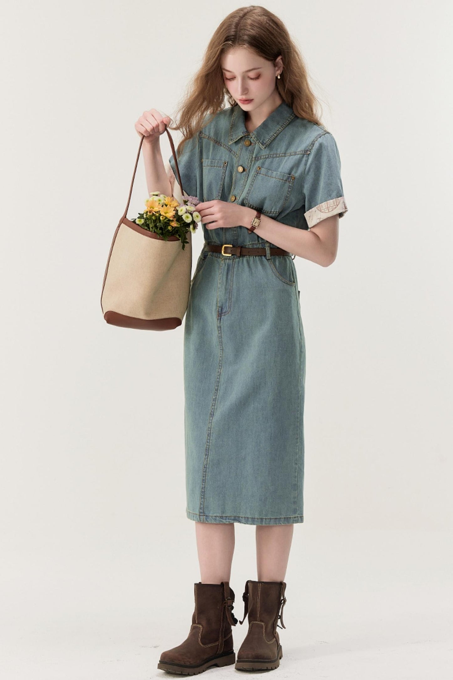 Denim Blue Spliced A-Line Dress