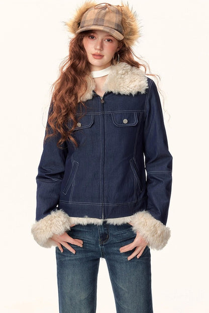 Denim Plush Lapel Jacket
