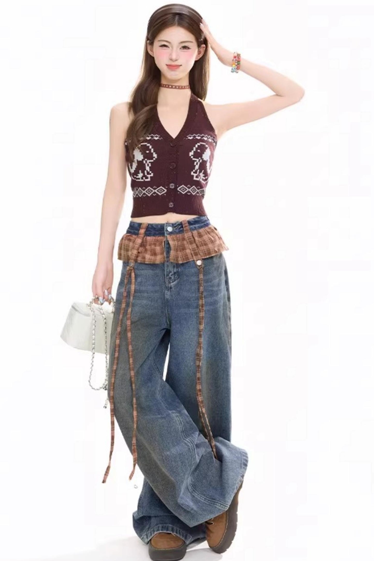 레트로 체크 패치워크 청바지