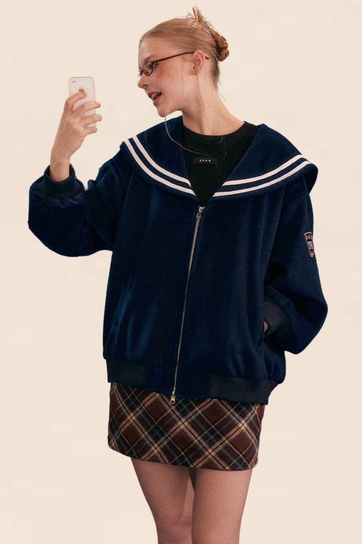 American Retro Navy Collar College Sweatshirt Set-Up