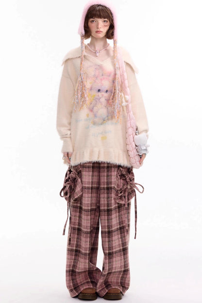 American Pink Plaid Wide-Leg Slacks