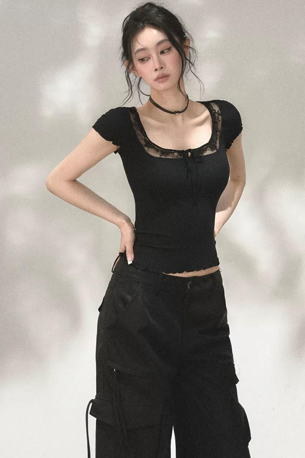 Lace Ruffle Short Sleeve Top