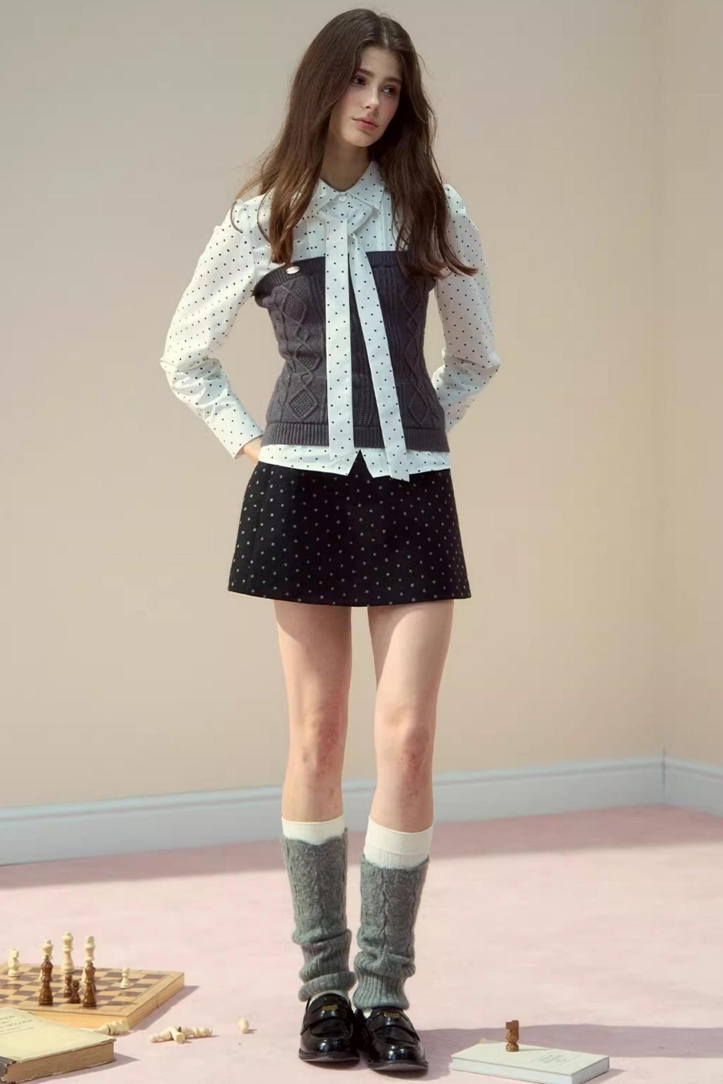 Polka Dot Patchwork Shirt And Skirt Set-Up