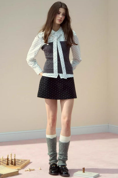Polka Dot Patchwork Shirt And Skirt Set-Up