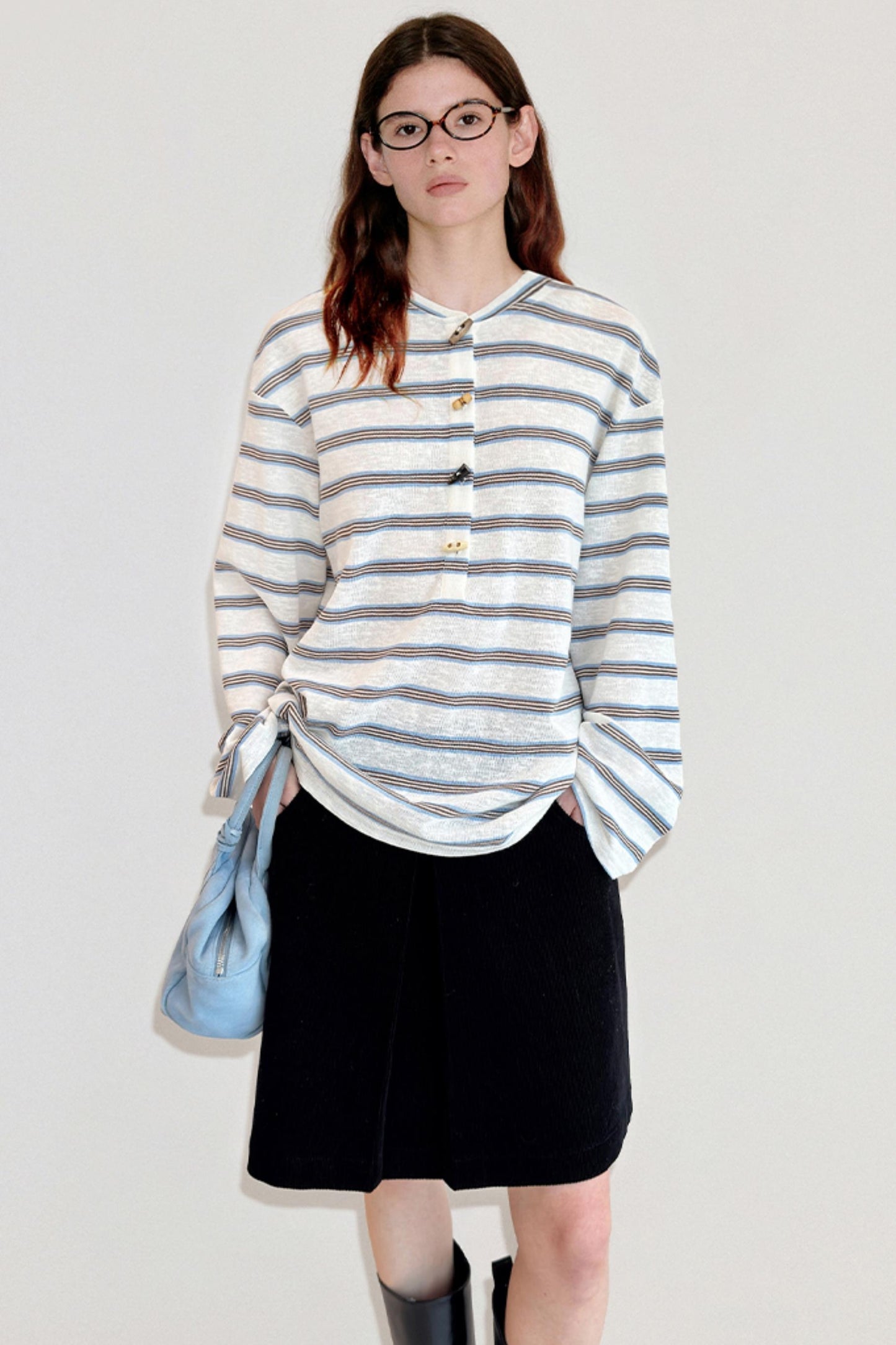 Horn Button Striped Long Sleeve T-Shirt