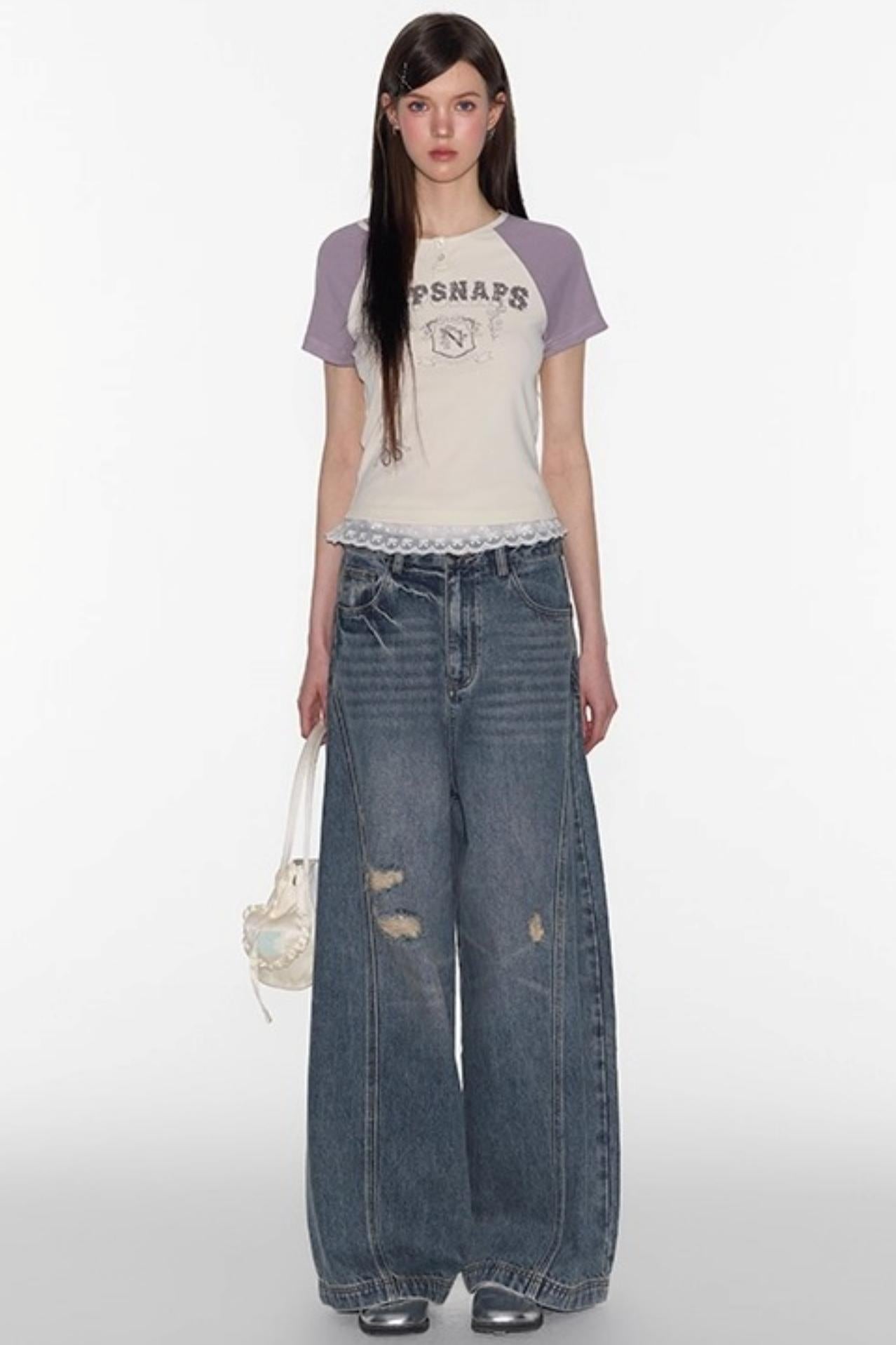 American Retro Contrast Raglan Crop Top