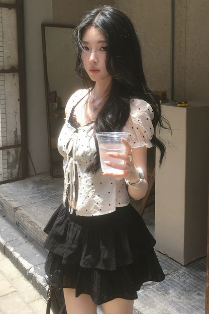 Polka Dot Mesh Puff Blouse