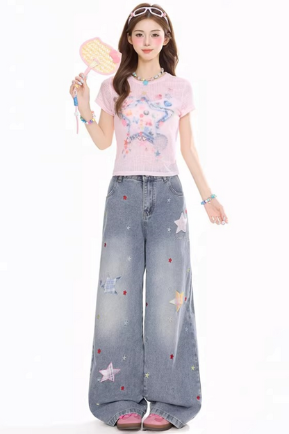 Star-Patterned Vintage Denim Pants