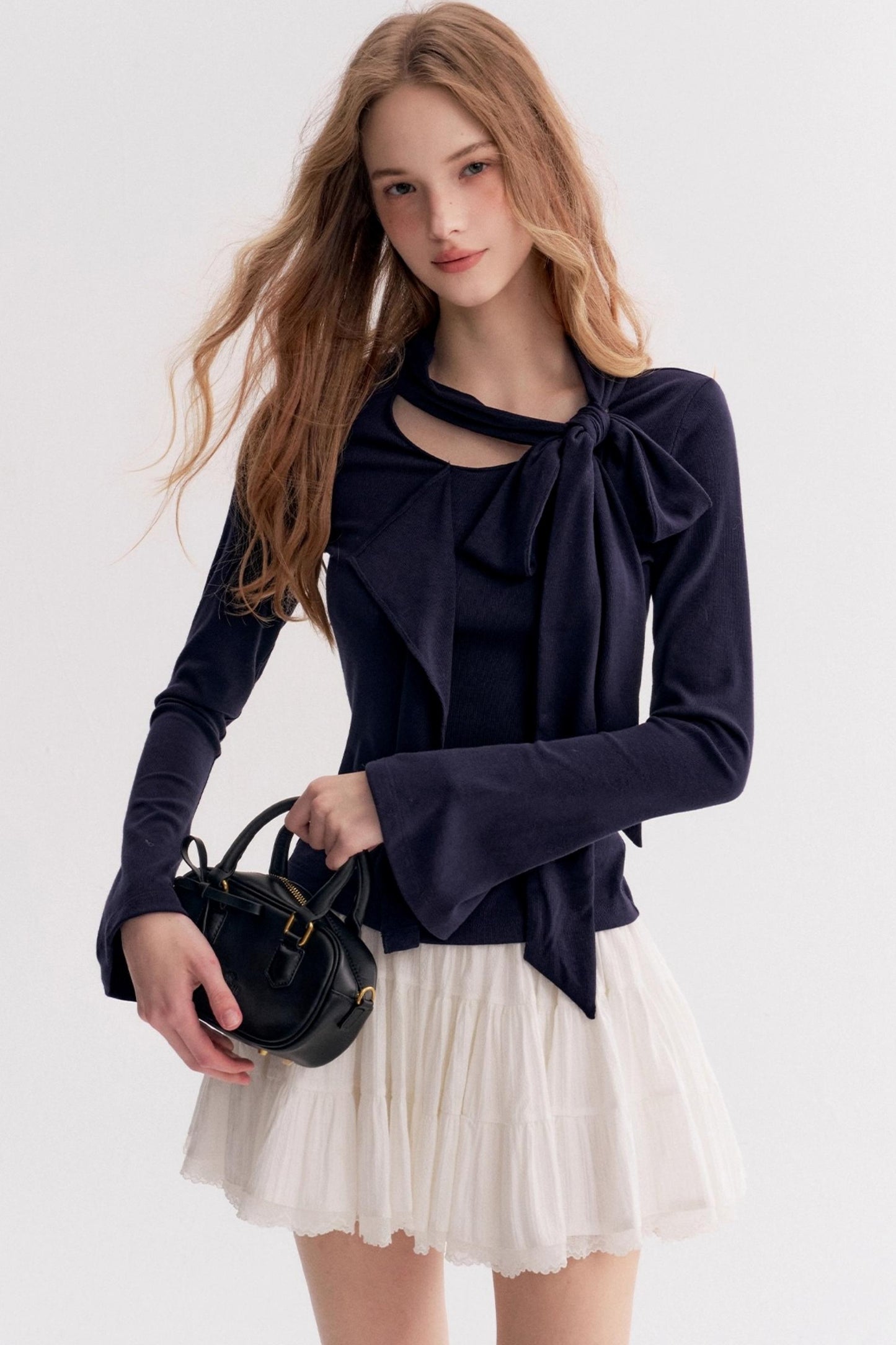 Romantic French Streamer Bow V-Neck Slim T-Shirt