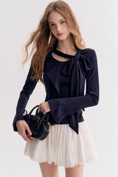 Romantic French Streamer Bow V-Neck Slim T-Shirt