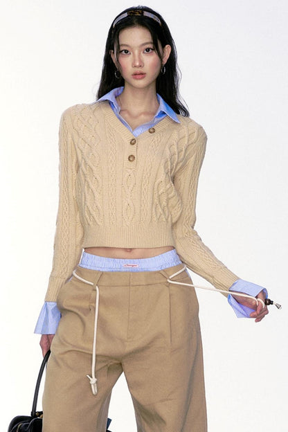 Retro V-Neck SpliceD Twist Sweater