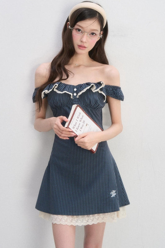 레이스 체크 A라인 원피스