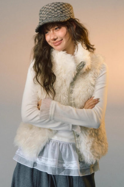 Plaid Patchwork Lamb Wool Reversible Vest