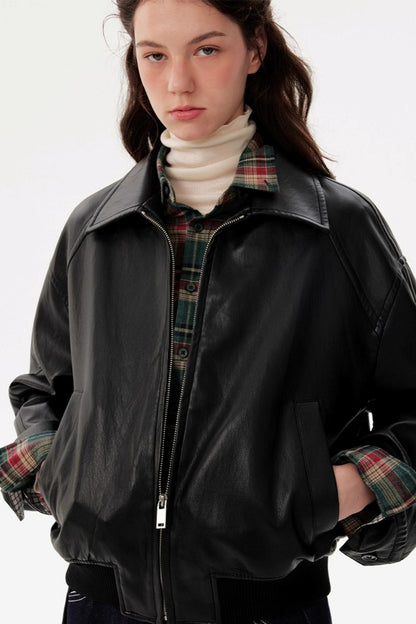 Black Lapel Short Leather Jacket