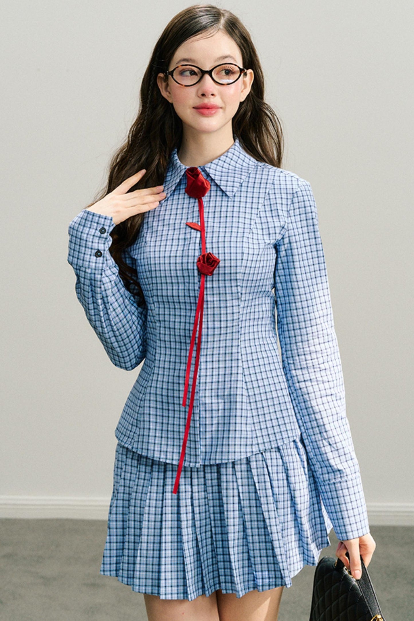 Red Rose Plaid Pleated Skirt Set-Up