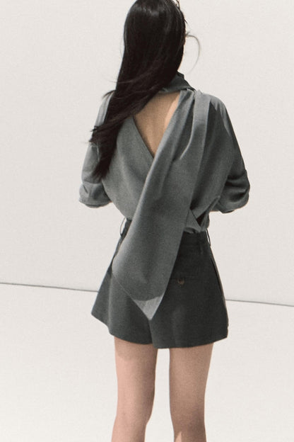 Shoulder Padded Backless Top Shorts Set-Up