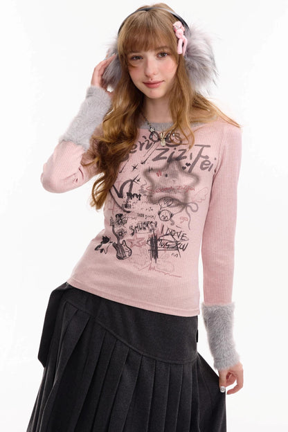 Patchwork Plush Crew Neck Knitted Base Shirt
