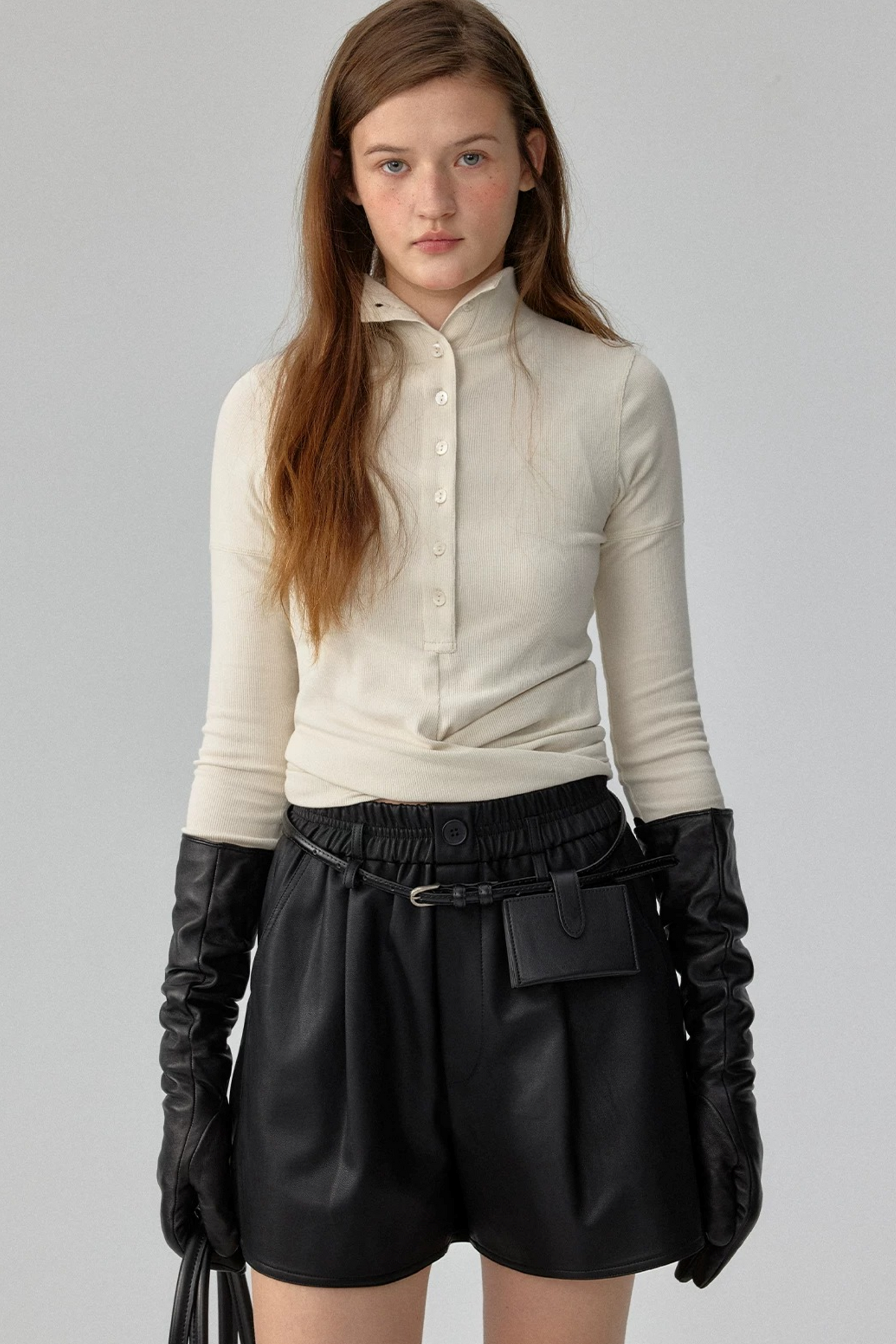 Ribbed Tie-Detail Stand Collar Knit
