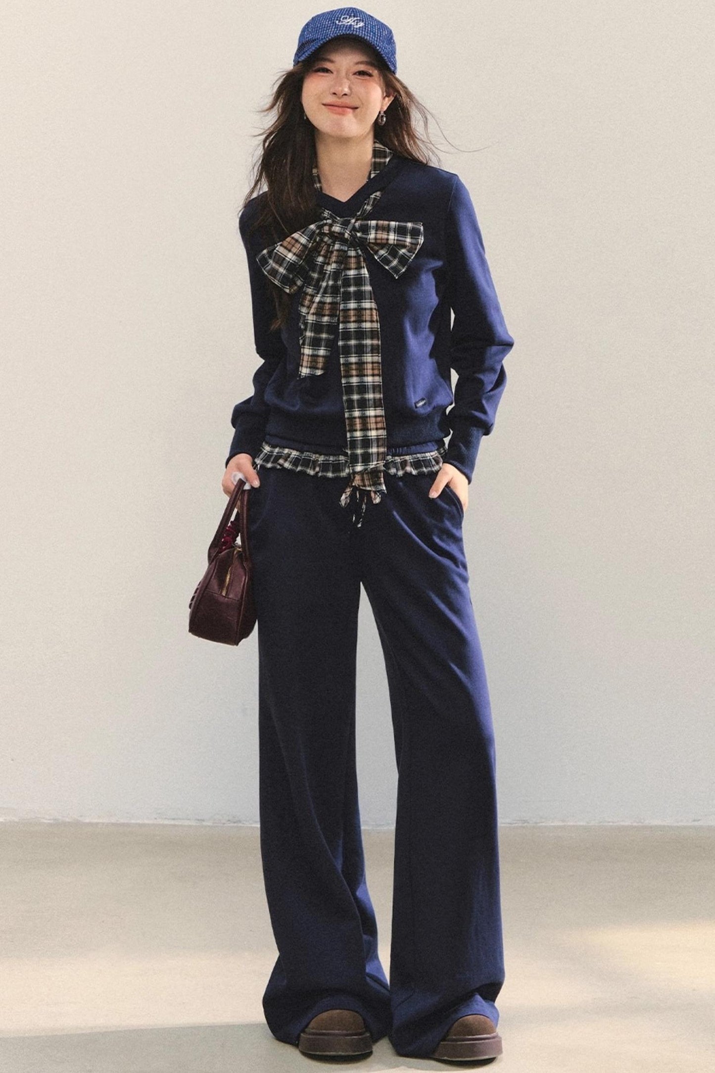 Plaid Sweatshirt Trousers Set-Up