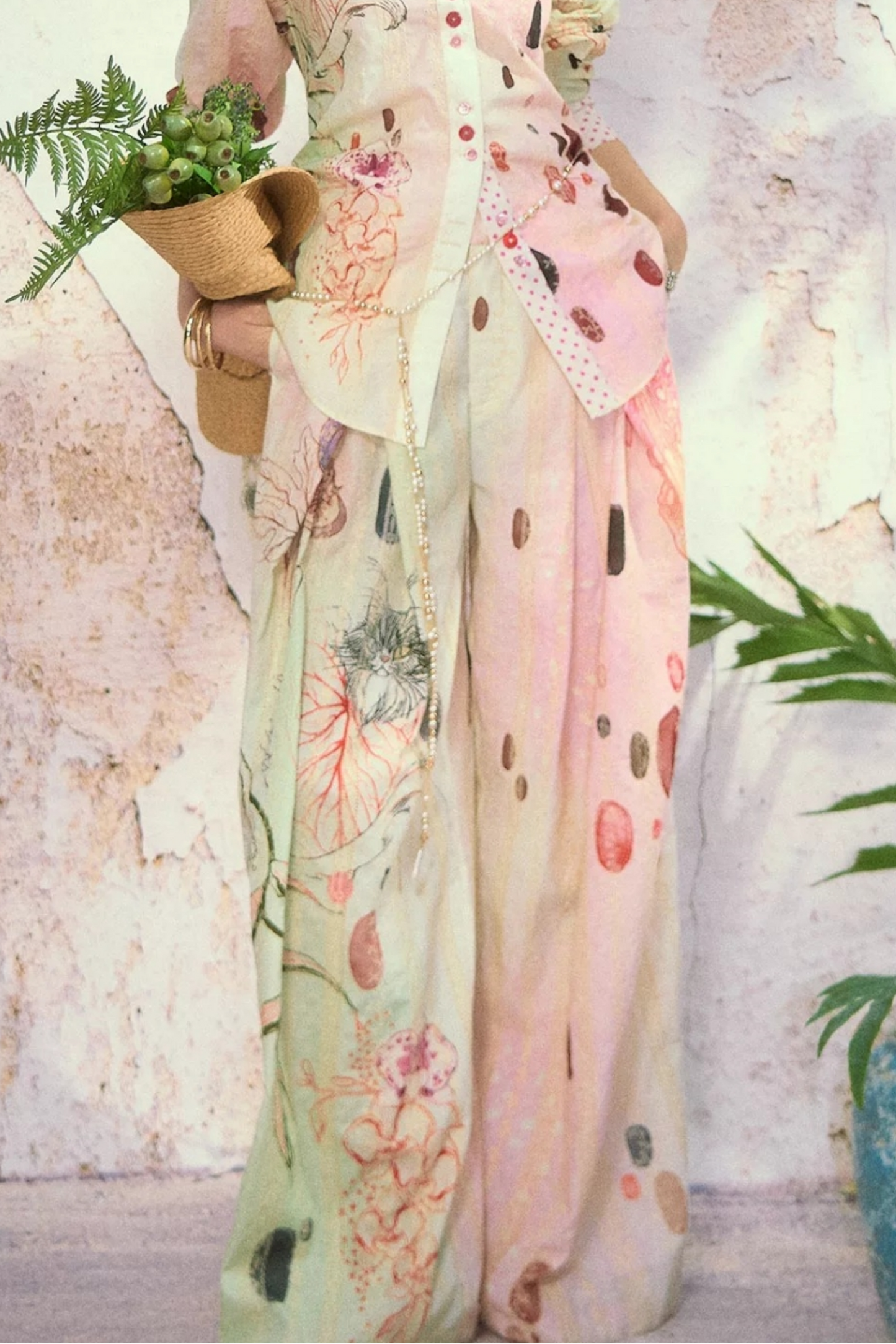 Embroidered Cat Print Wide Leg Pants