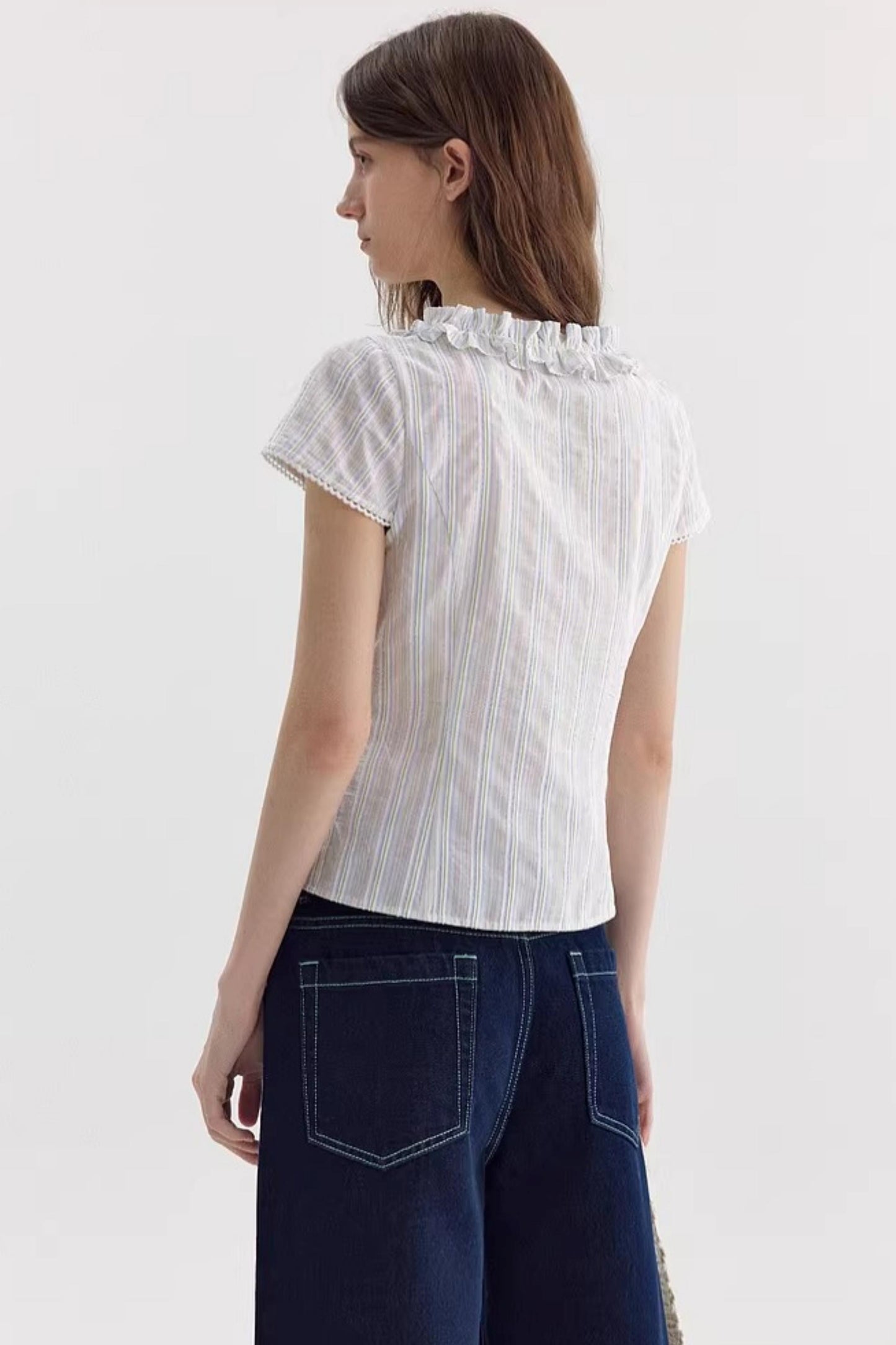 Color-Block Striped Ruffled Blouse