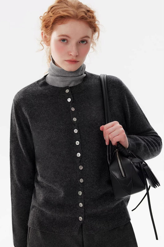 Gray Wool Crew Neck Cardigan