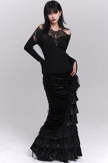 Black Velvet Fishtail Skirt