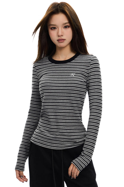 Brushed Crewneck Striped Long-Sleeve Top