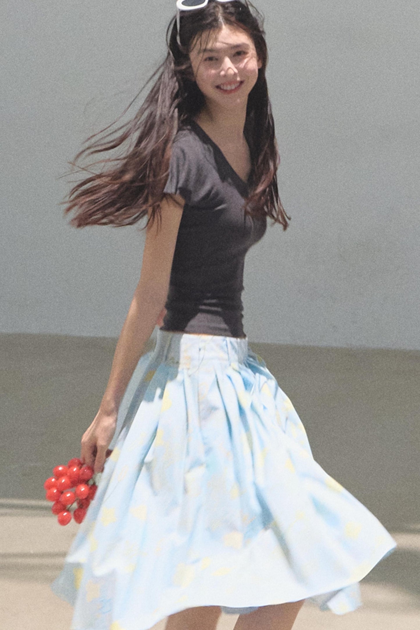 Running Waves Cotton Poplin Pleated Midi Skirt