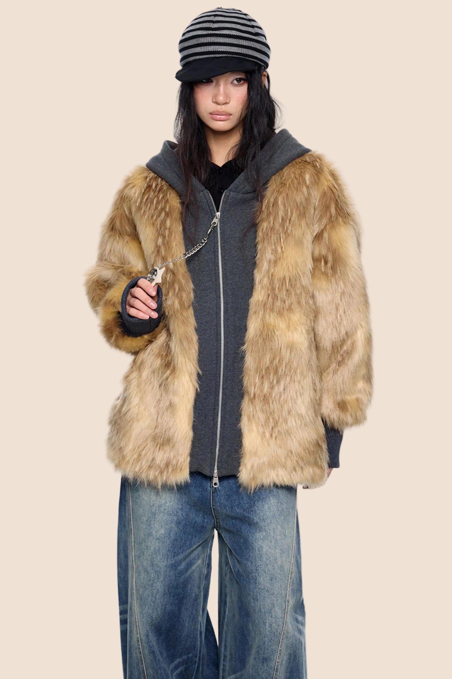 Fur Patchwork Hooded Cardigan