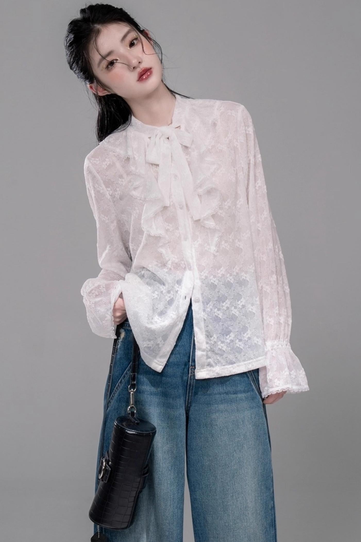 White Cloud Gauze Ruffled Shirt Set