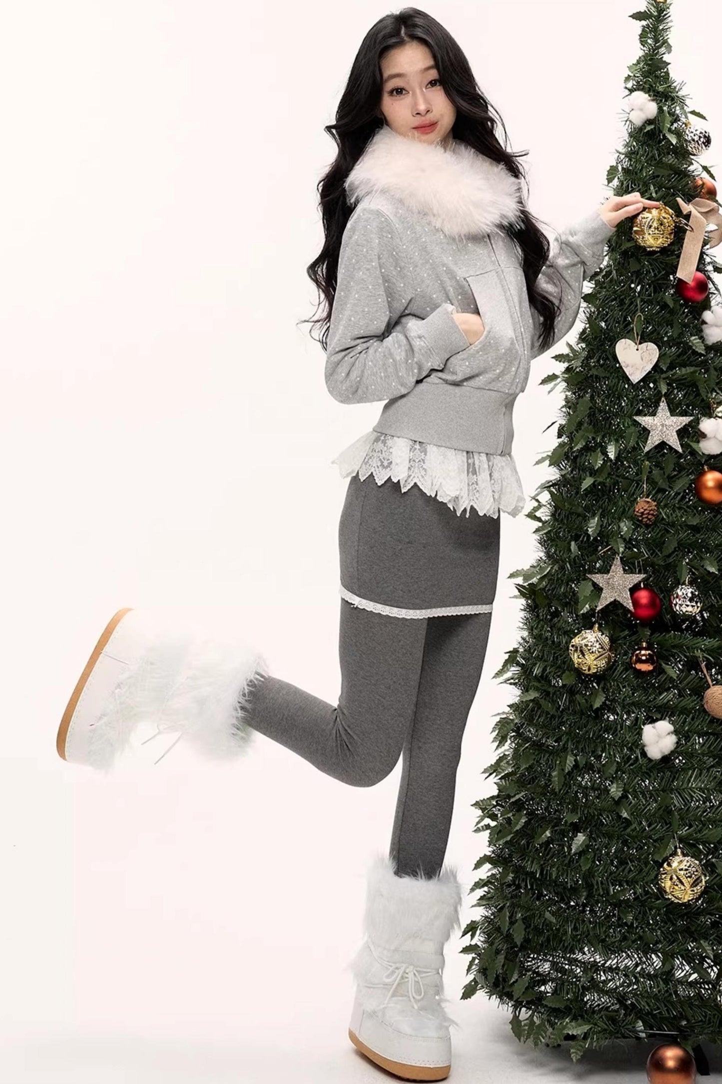 White Fur Collar Polka Dot Jacket