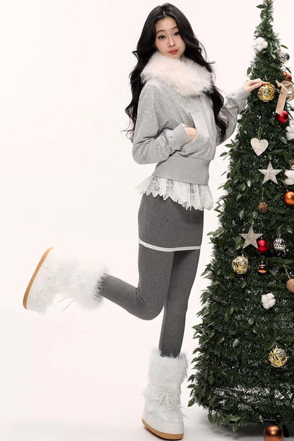 White Fur Collar Polka Dot Jacket