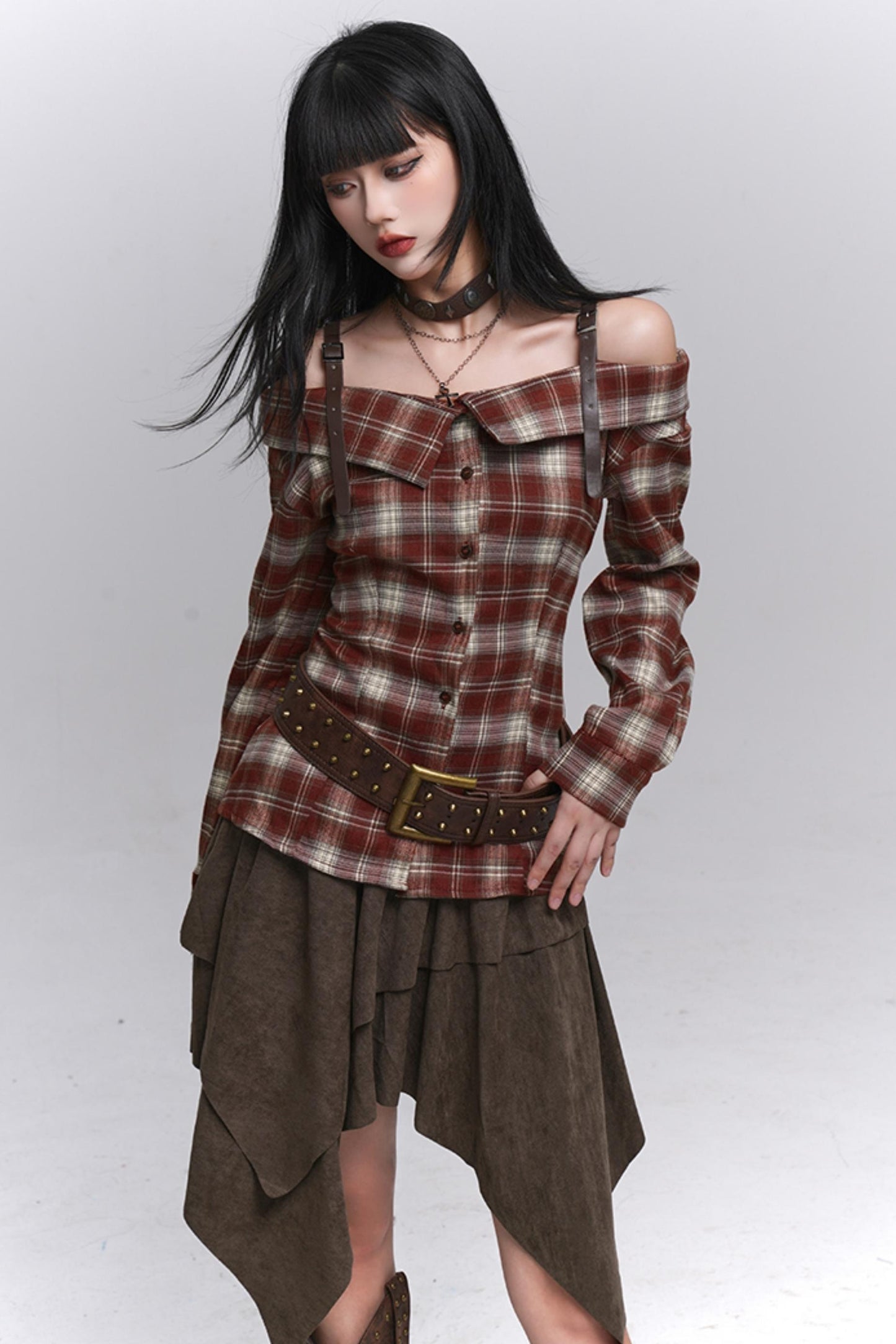 Autumn Check Off Shoulder Top