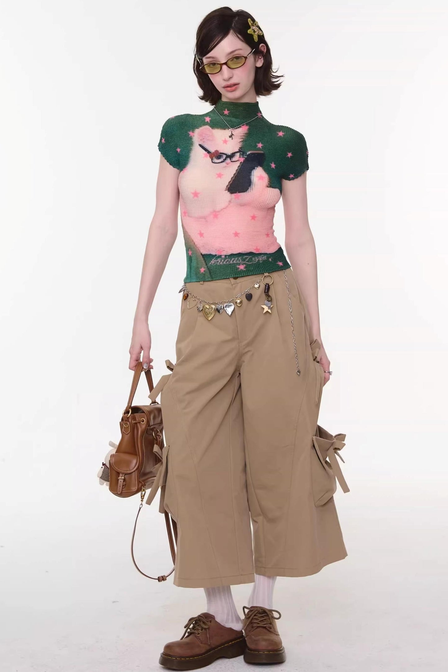 Sweet Pleated Cat Print T-Shirt