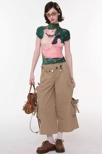 Sweet Pleated Cat Print T-Shirt