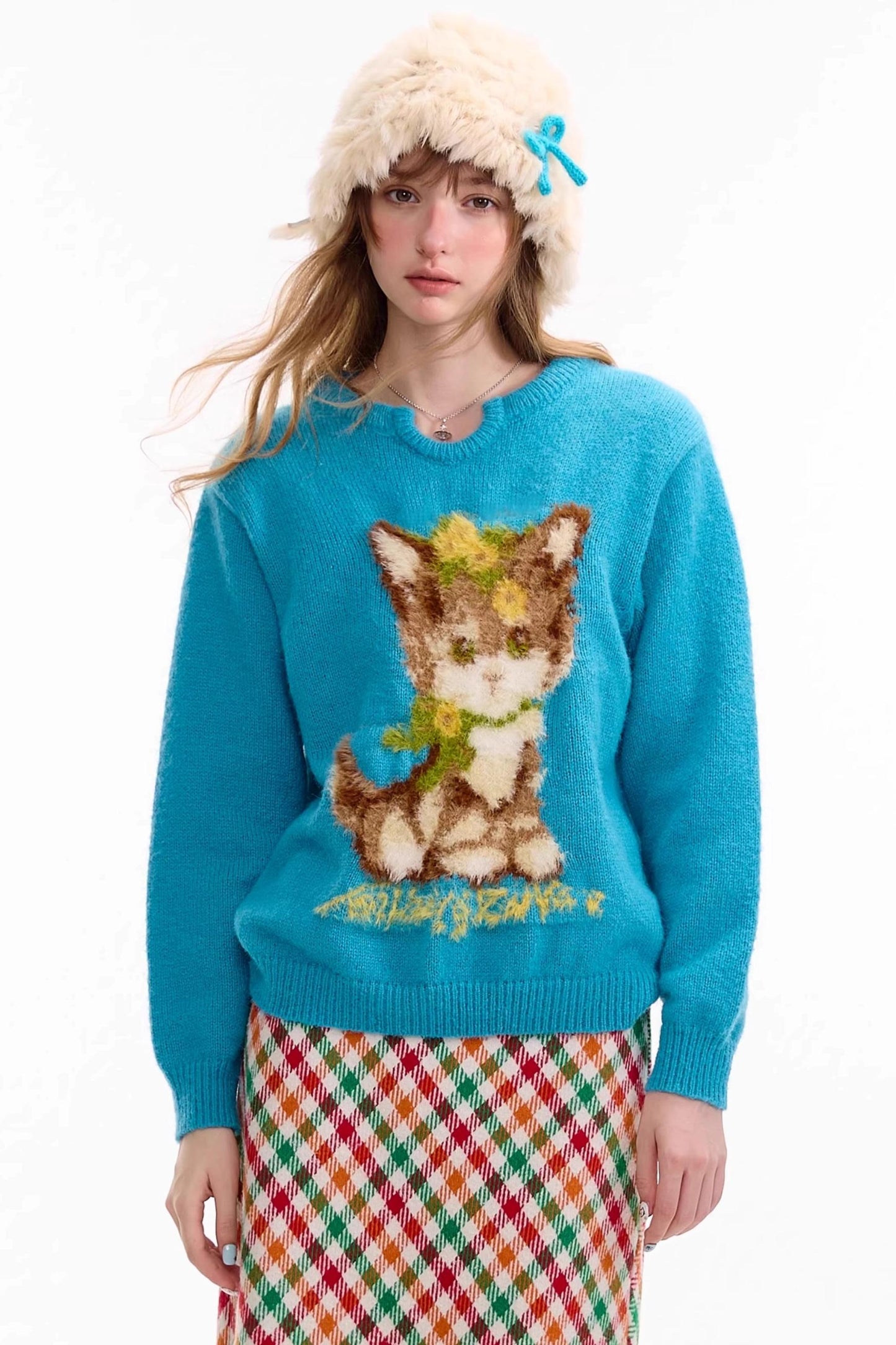 Cat Pattern Blue U Neck Sweater