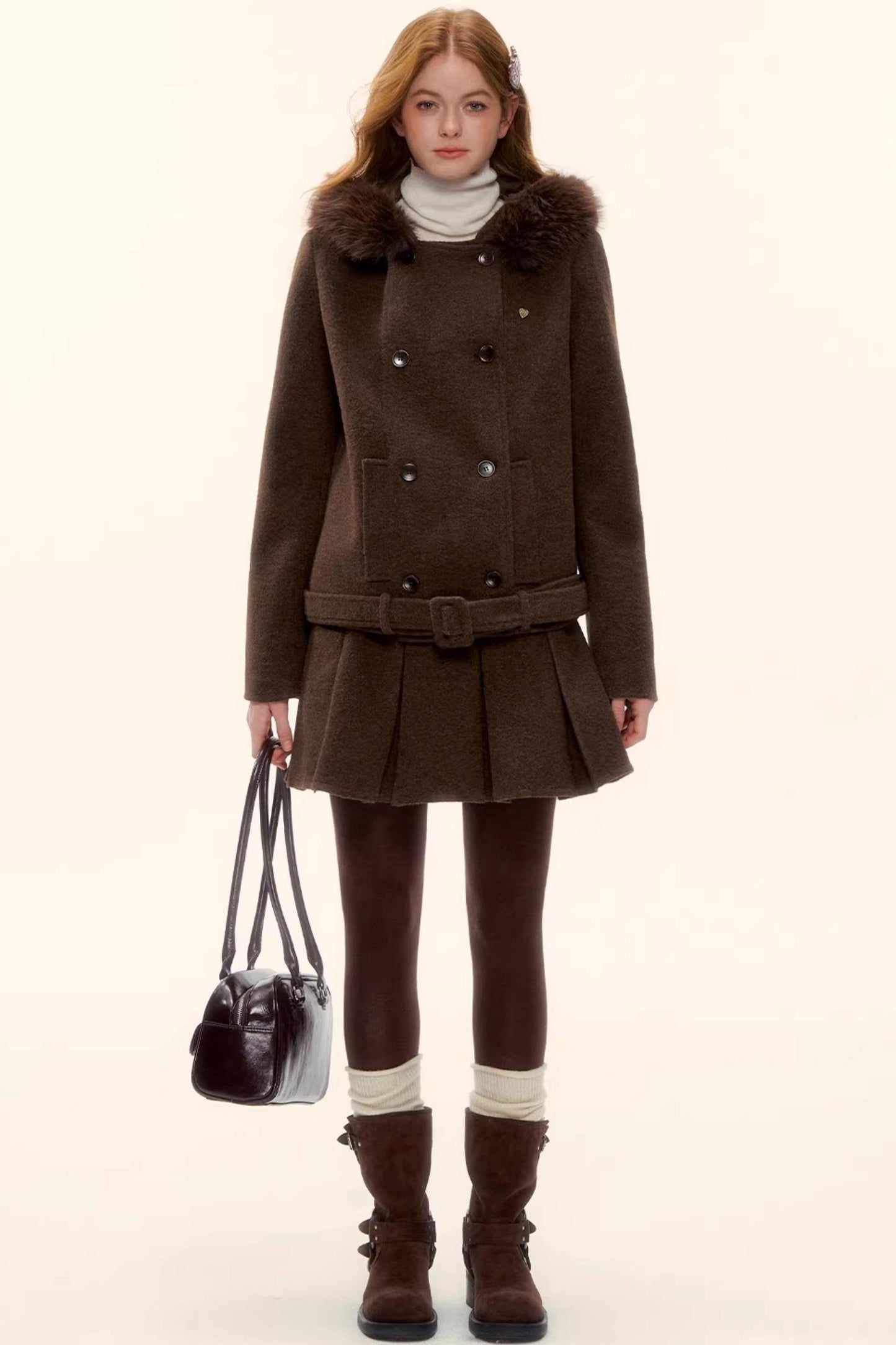 Retro Coffee Woolen Coat Set-Up